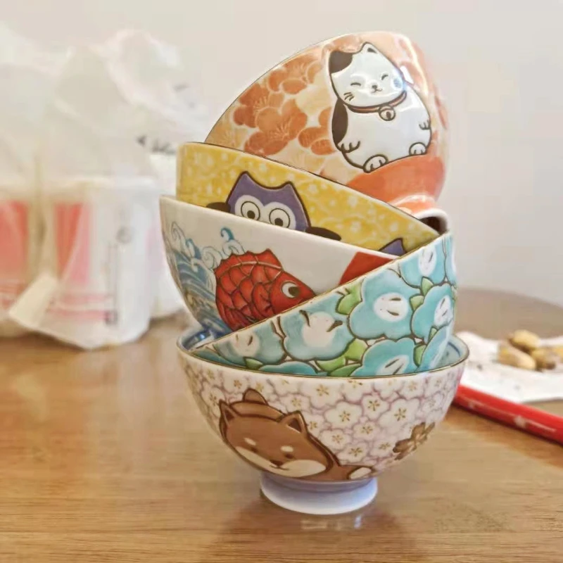 Japanese Imported Cartoon Ceramic Bowl Relief Tableware Household Children\'s Rice Bowls Cute Fortune Cat Small Ramen Bowl Gift