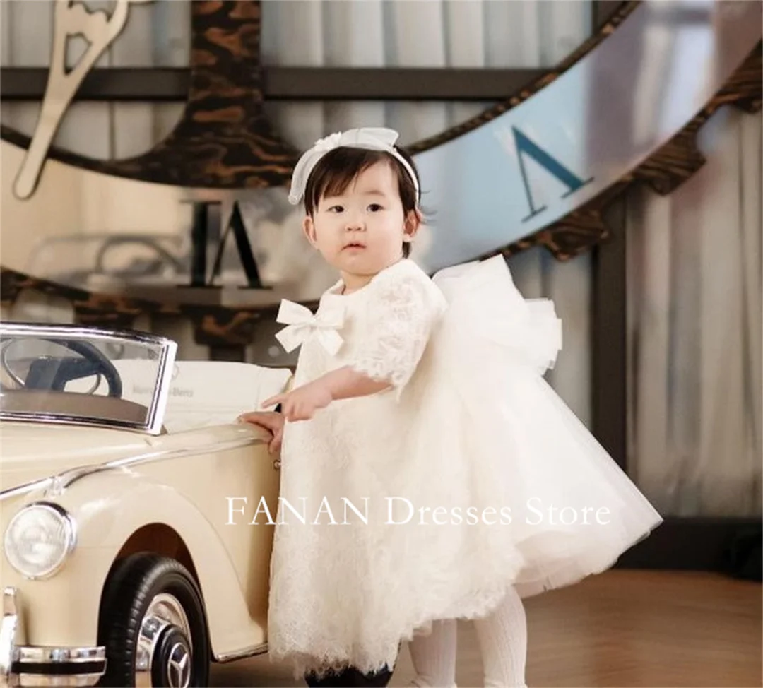 FANAN Lovely Flower Girl Dresses with Bow Elegant Princess Korea Lace Ball Gown For Kids Birthday Party First Communion Dress