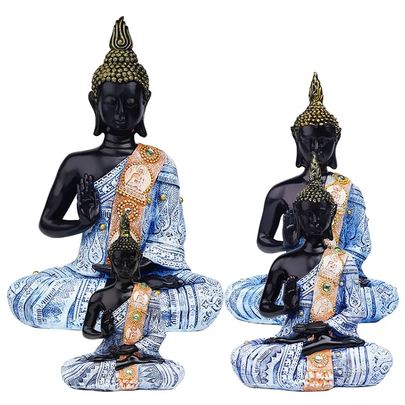 Thai Sitting Buddha Statue for Home Decoration, Antique Meditative Buddah Statues, Meditation Mini Buddha Figurine, Black Blue