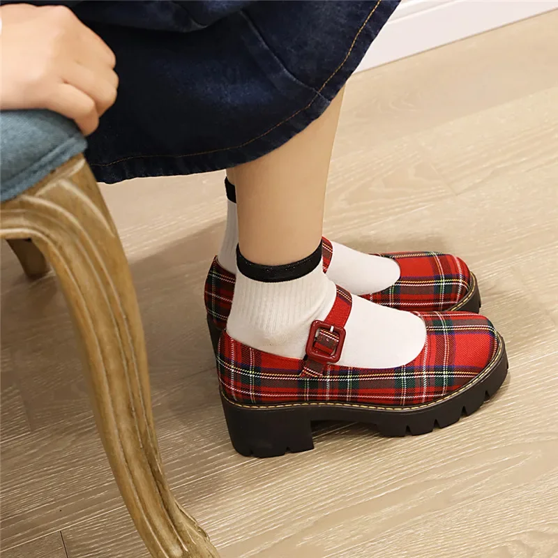 YQBTDL Nylon Leather Vintage Platform Plaid Mary Janes Pumps Women 2021 Four-Seasons High Heel Round Toe Goth Shoes Student New