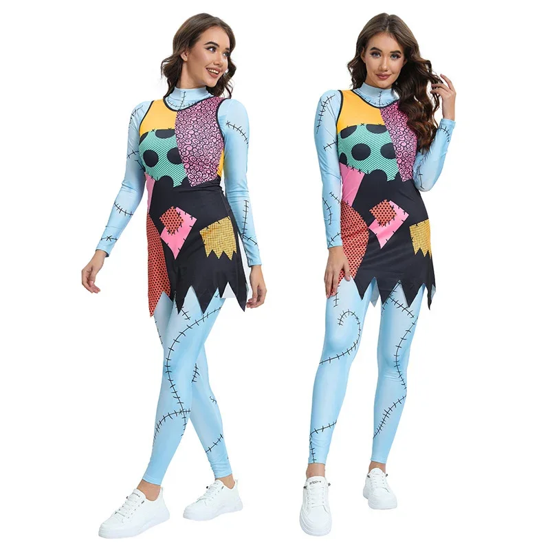 2024 Halloween Cosplay Fright Night Sally Party Women Bodysuit Dress Christmas Printed Dresses Anime Costume Outfit Girls Onesie