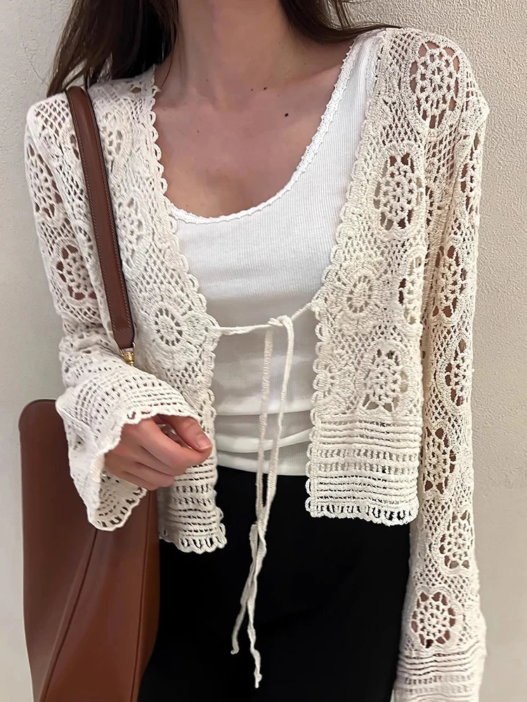 

Retro Hooked Floral Loose Long Sve Sun Protection Knitted Open Cardigan Top Chic Summer New Sle Korean Sle Casual irt