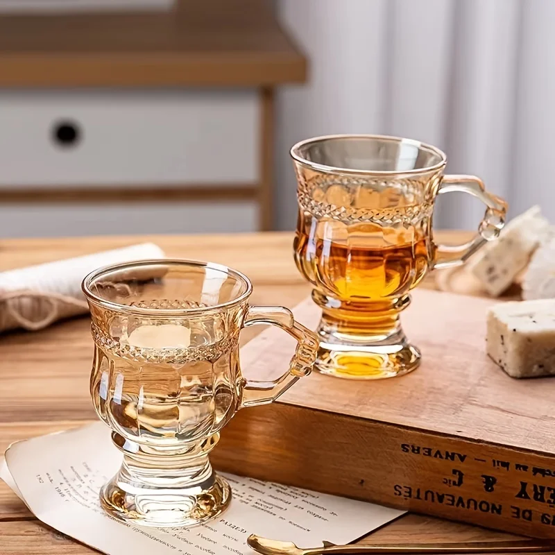 1pc Latte Coffee Cup With Handle Amber Vintage Glass Cups Wine Goblet, Cold Drink Cup, Household Utensils