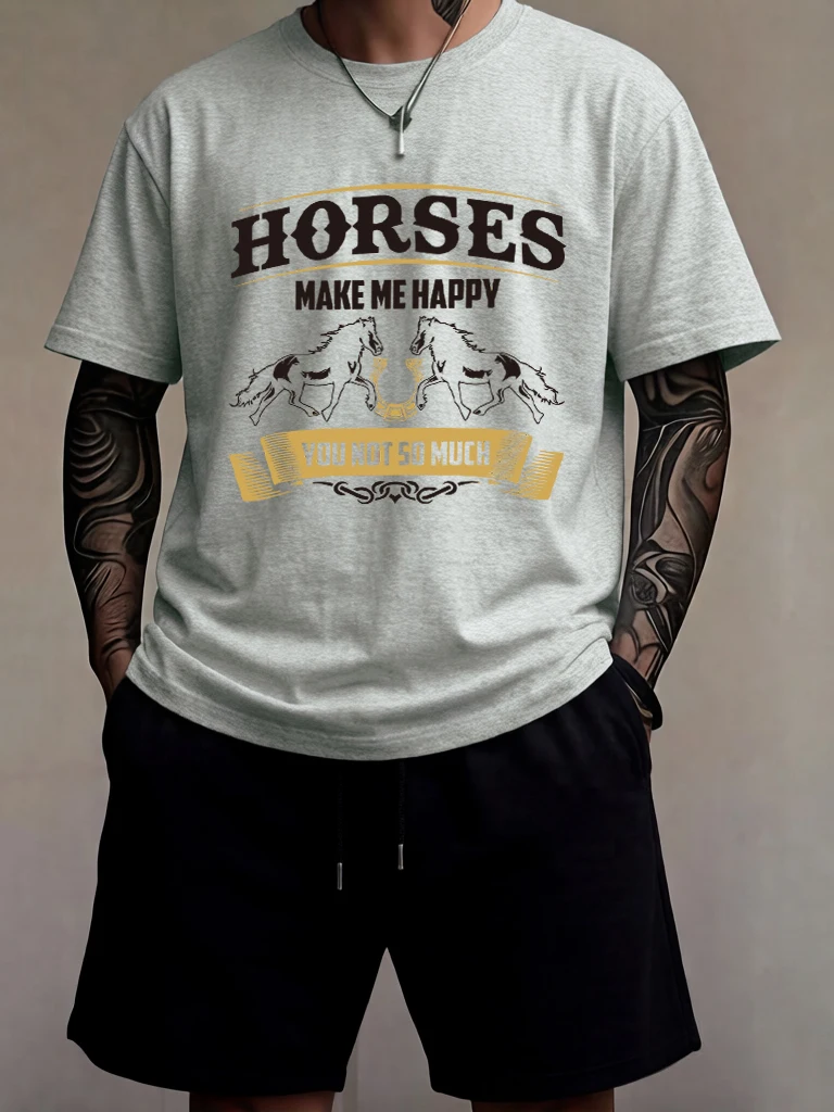 

Horses Make Me Happy Print Summer Simple Man Tshirt Set Cotton Breathable Street Clothes Pocket Loose Shorts Oversize Sportswear