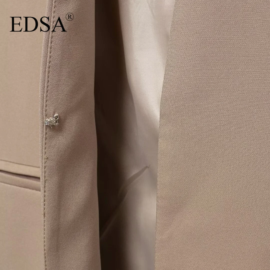 EDSA Women V-Neck Blazer Jacket Hidden Breasted Long Sleeves Welt Pockets for Office Lady Khaki Solid Color Coat