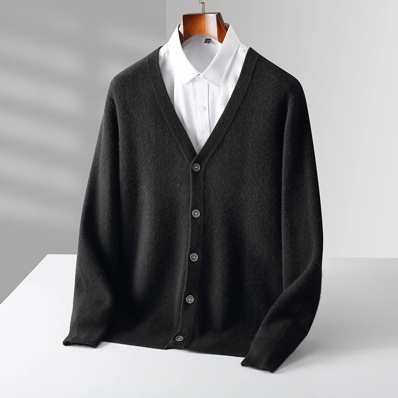 

Men's V-neck Wool Cardigans Autumn Winter Basic Sweater Smart Casual Thick Cashmere 100% Merino Wool Knitwear Cosy Clothing ﻿