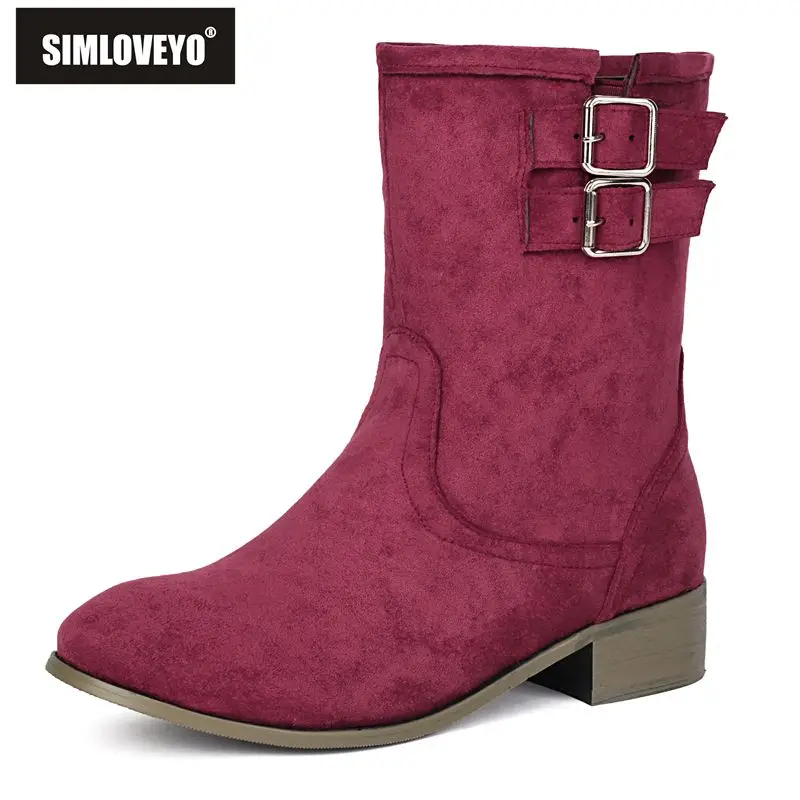 

SIMLOVEYO Фирменные новые женские ботинки до середины икры из флока, замша, круглый носок, 3 см, на массивном каблуке, без шнуровки, с пряжками на ремне, большие размеры 47-48, розовая осень
