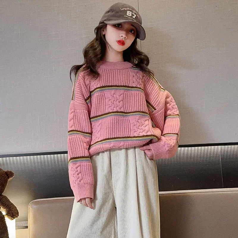 

2023 Korean Autumn Winter Children Girl Pullover Teenager Girl Striped Warm Kintted Sweater School Girl Casual Kintwears Tops