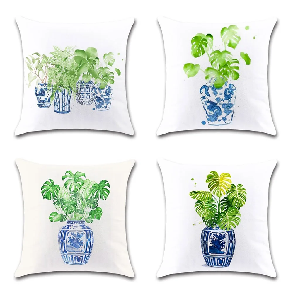 Plants leaves Ink printed White fabric Cushion covers Pillowcase Decoration for home sofa chair kids Boy's Bedroom gift