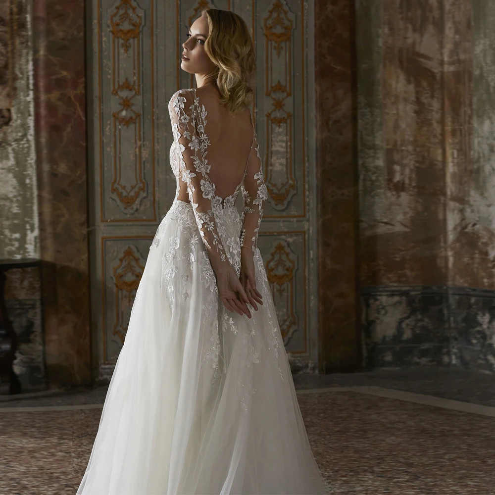 Customized Deep V Neck Wedding Dresses A Line Full Sleeves Bridal Grown Applique Lace Zipper Open Back Vestido de novia Illusion