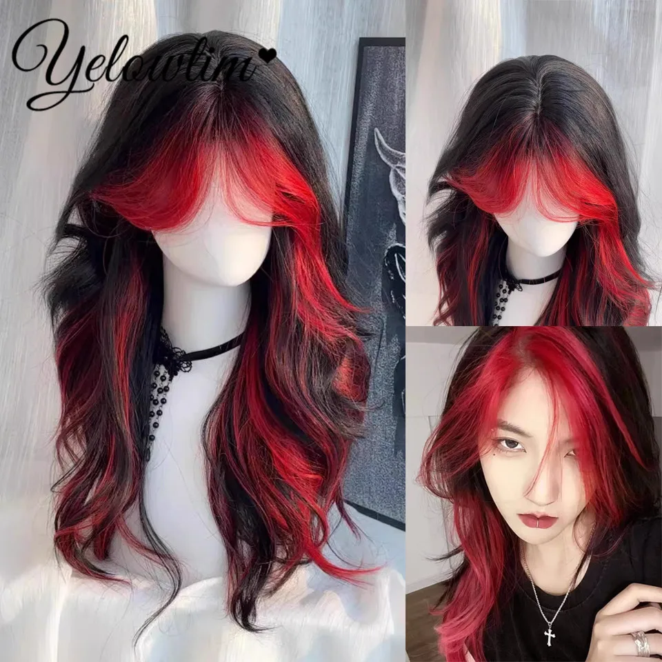 Synthetic wig punk style female black and red split bangs dyed long curly hair personalized full head cover cosplay versatile da