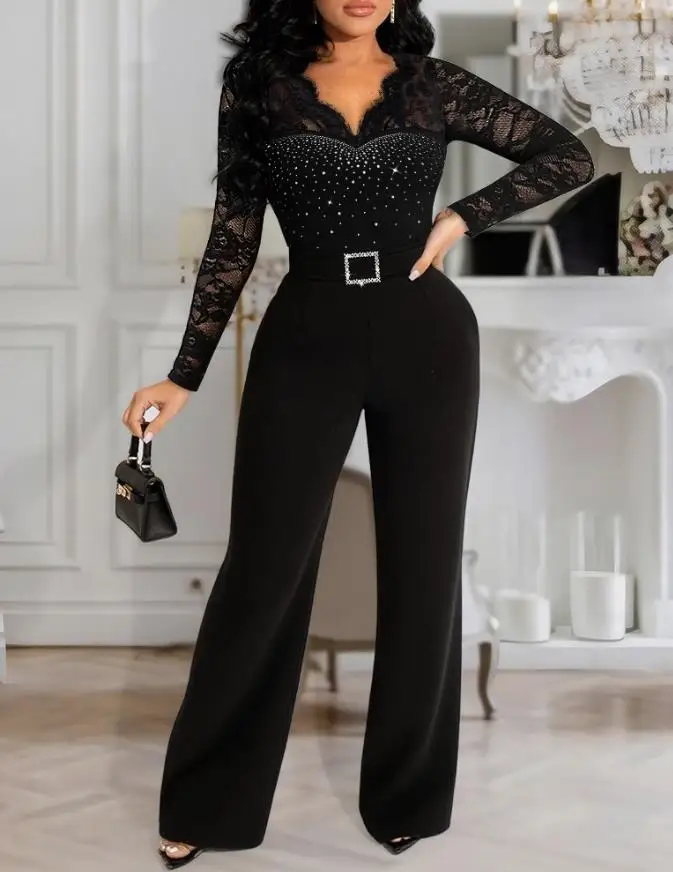 

Jumpsuit Women 2025 Spring Metal Decor Scallop Trim V-Neck Lace Overlay Jumpsuit Casual Lace Long Sleeve Zipper Back Jumpsuit