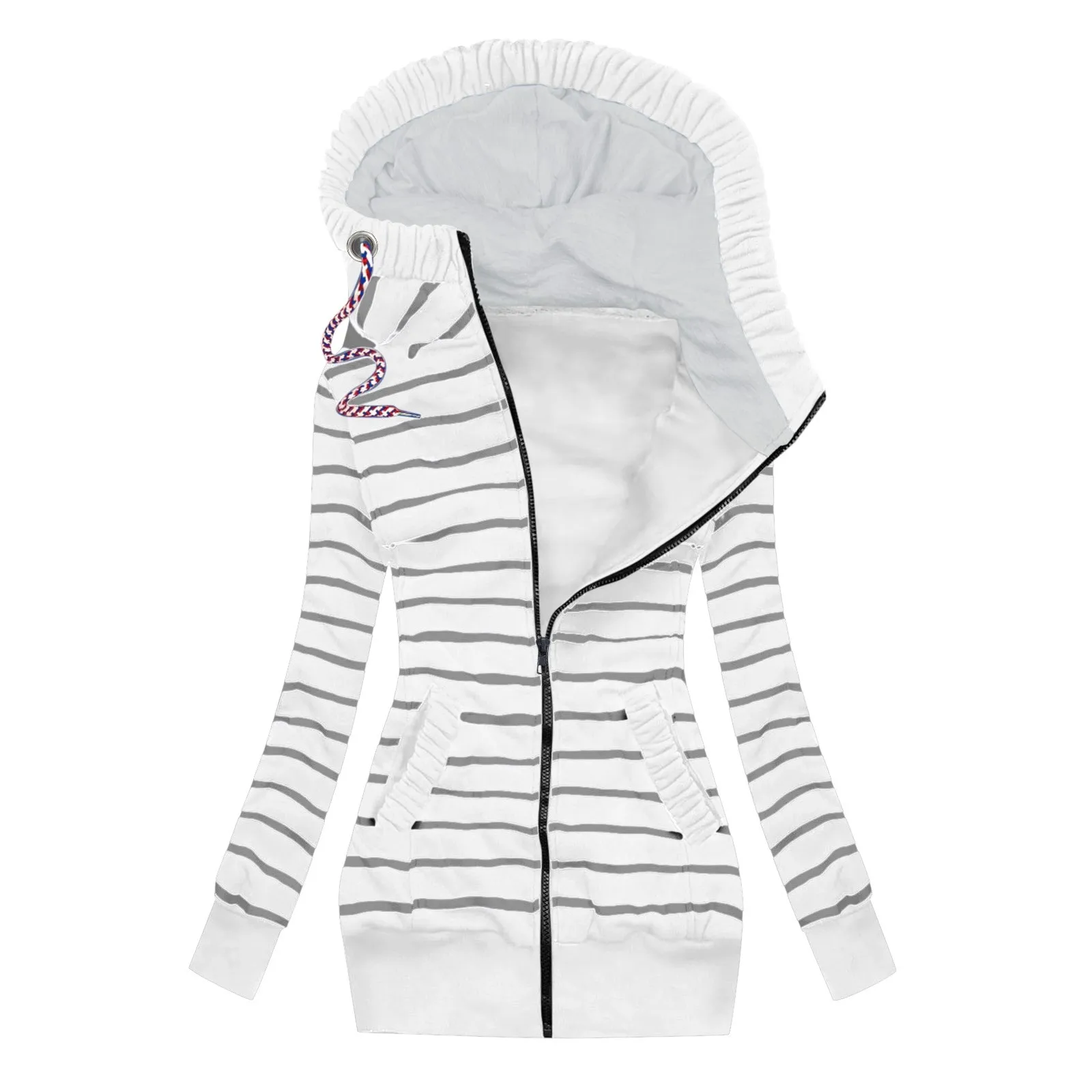 Womens Autumn Casual Sport Stripe Prints Hooded Slim Fit Pockets Jacket Crop Vest Women Ladies Jacket