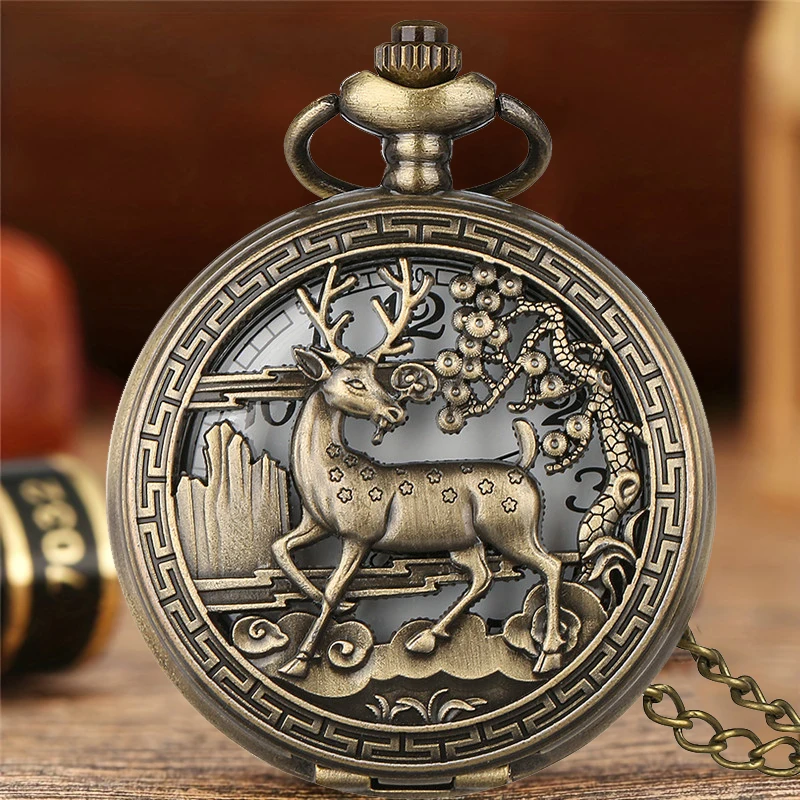 Vintage Hollow Elk Flower Case Half Hunter Men Women Quartz Pocket Watch Necklace FOB Chain Arabic Number Pendant Clock