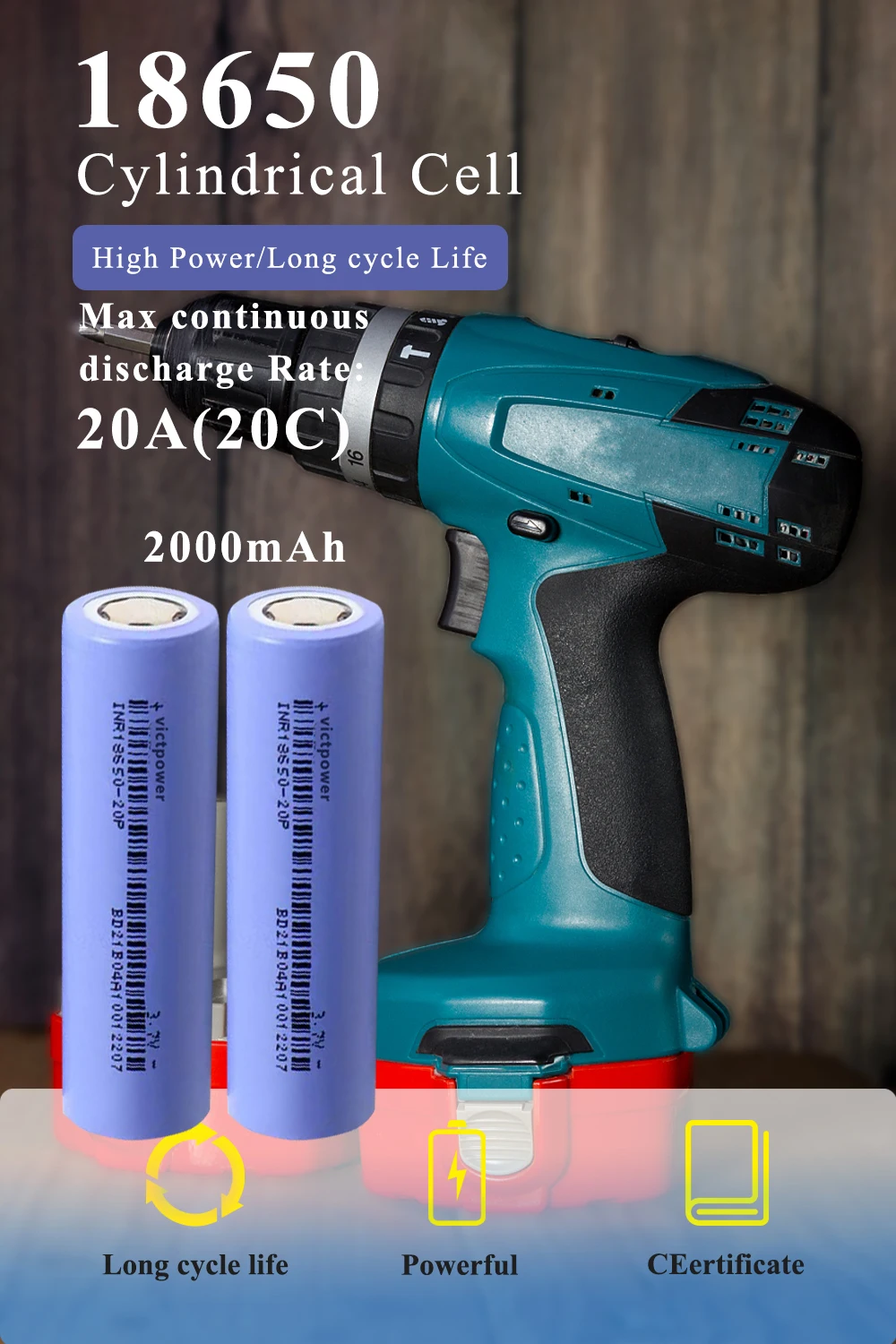 Akku-baterías recargables de iones de litio, 18650 v, 3,7 mAh a 2000mAh, batería de herramienta eléctrica de alta descarga, celdas de alta corriente