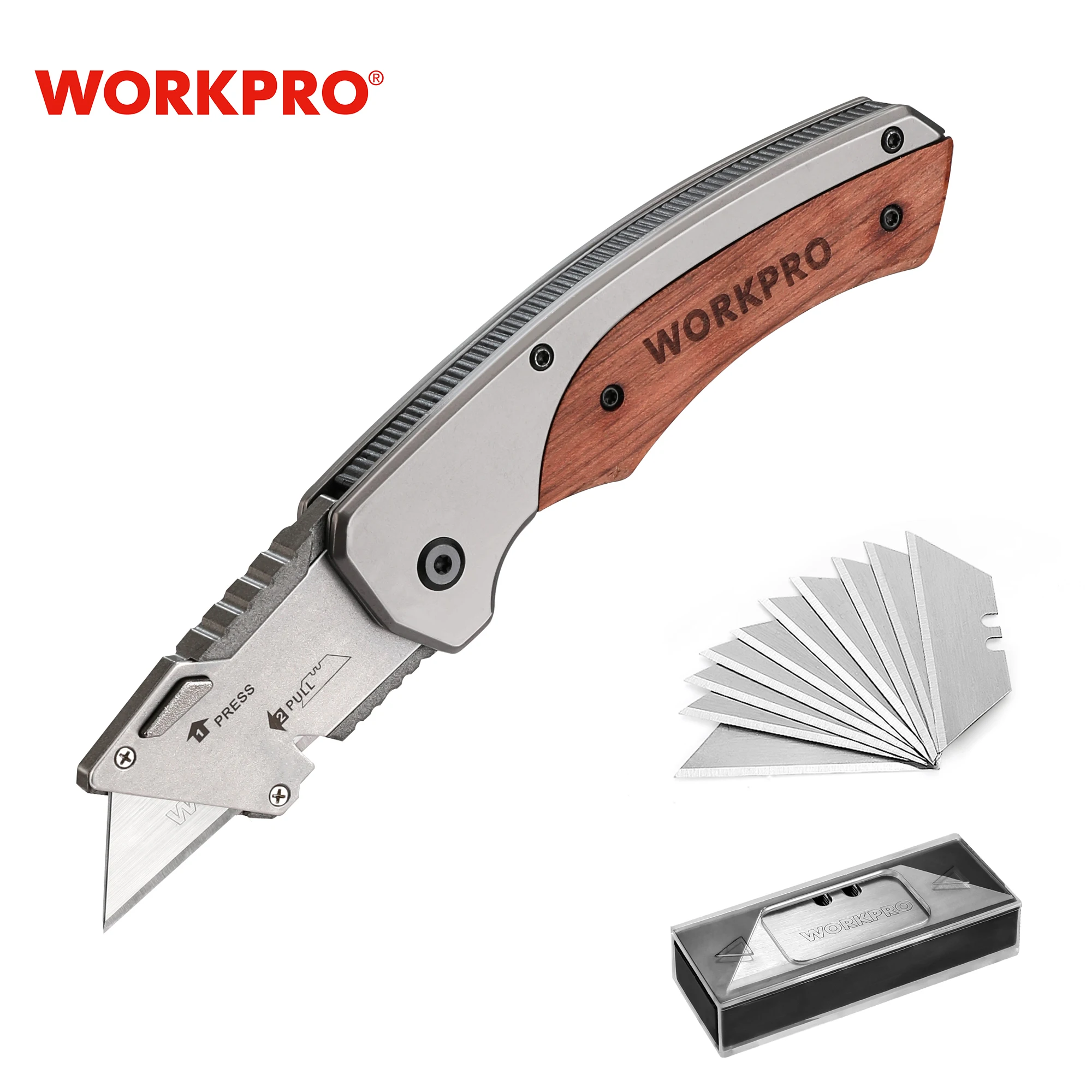 WORKPRO Folding Knife Replaceable Utility Knife for Cable Cartons Carboard Boxes Cutter Handle Knife 10 Pcs Blades OutdoorTool