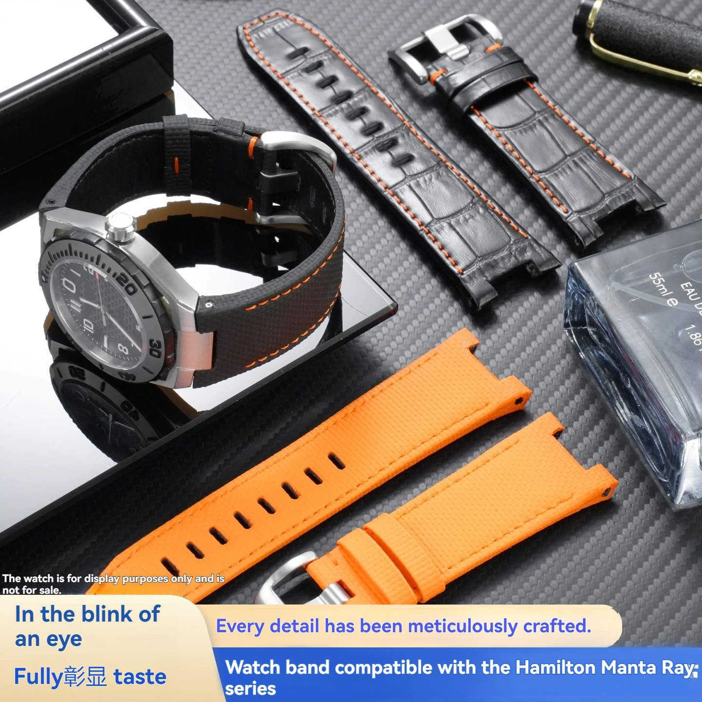 For Hamilton H78615985, H78615355, and H78615135: Custom FMK Fluororubber Genuine Leather Notched Strap (Manta Ray Edition)