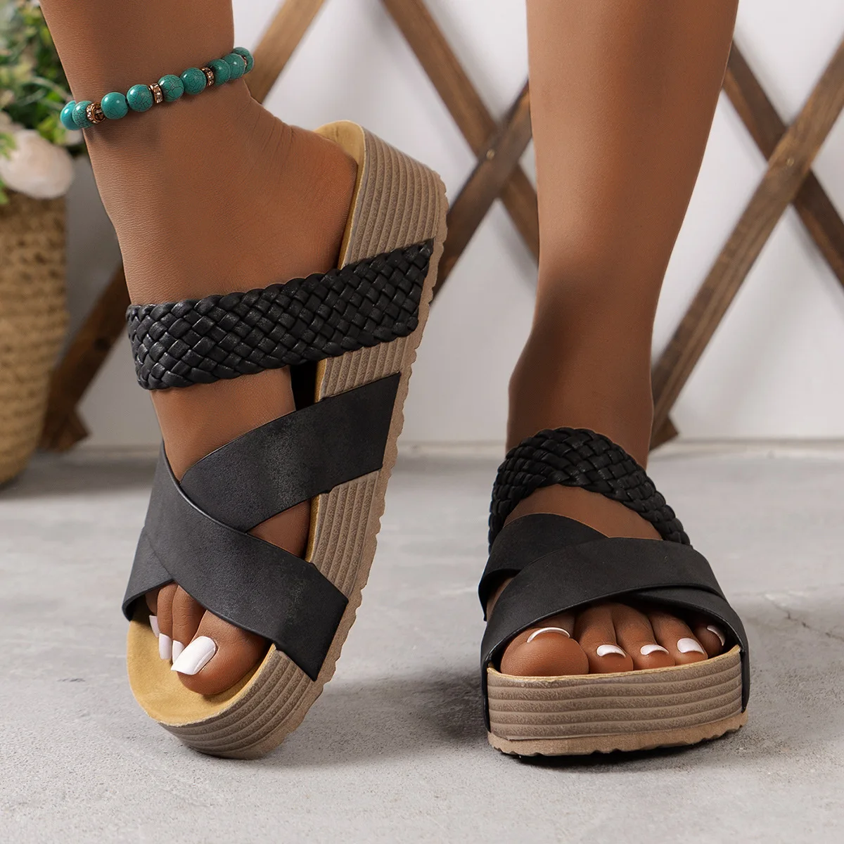 Casual Hollow Belt Buckle Sandals Women 2023 Summer New Muffin Thick Soled Shoes Heightening Gladiator Sandales 6cm Heels Slides image 2