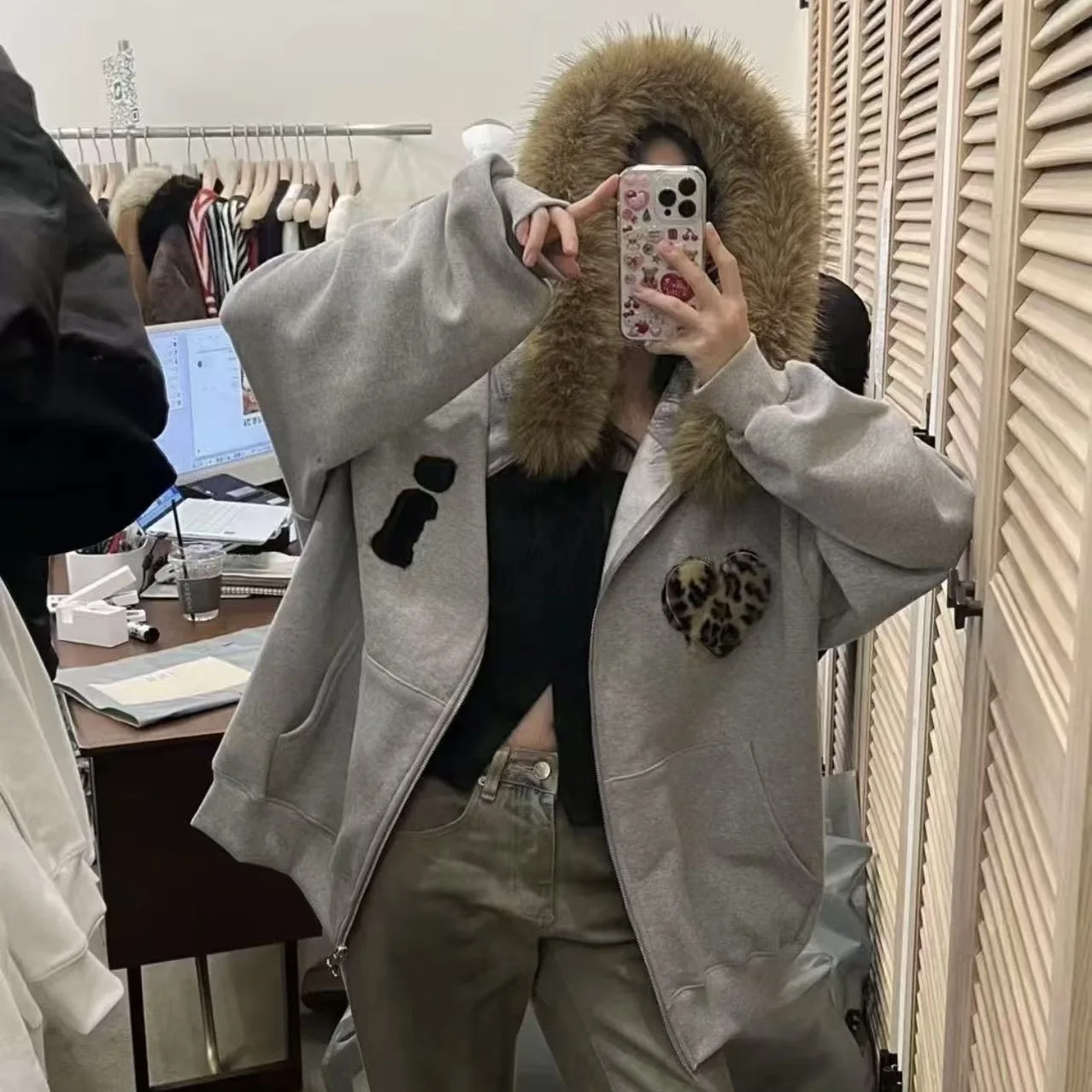 

Повседневная универсальная толстовка на молнии с капюшоном, подкладкой и воротником-стойкой, с узором в виде сердца, оверсайз, женская, весенняя мода