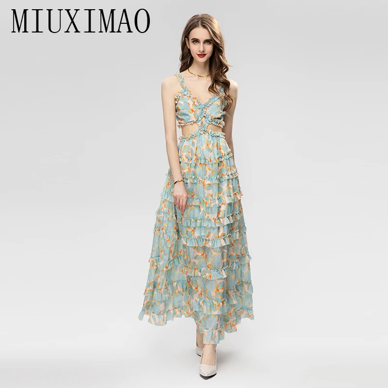 

MIUXIMAO 2023 Spring&Summer Elegant Dress Sleeveless Flower Print Fashion Ruffles Long Dress Women Vestides Beach Dress