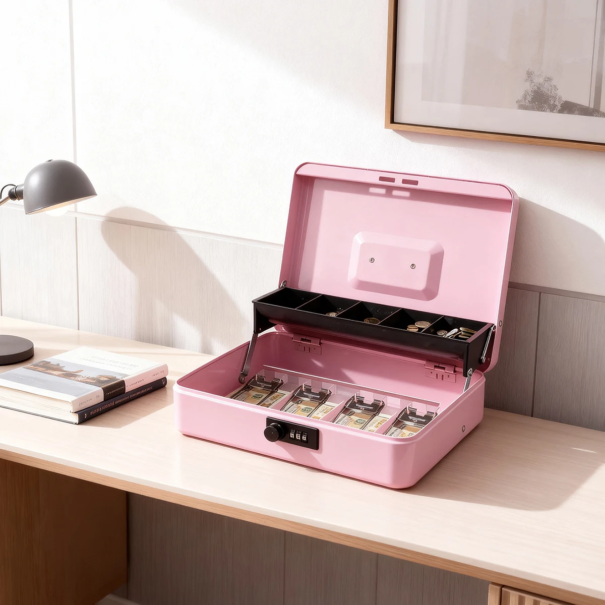1 قطعة صندوق نقود مع مفتاح - قصدير نقود مع قفل - صندوق نقود متوسط الحجم مع صينية عملات معدنية لملاحظات العملات النقدية الصغيرة والمنزل والأعمال التجارية #3