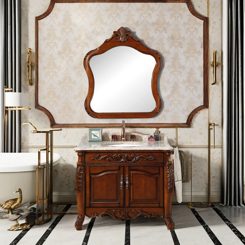 European Designed Solid Wood Bathroom Cabinet Lacquer Treated MDF Carcase With Bath Mirror Marble Countertop For Hotel Villa Use