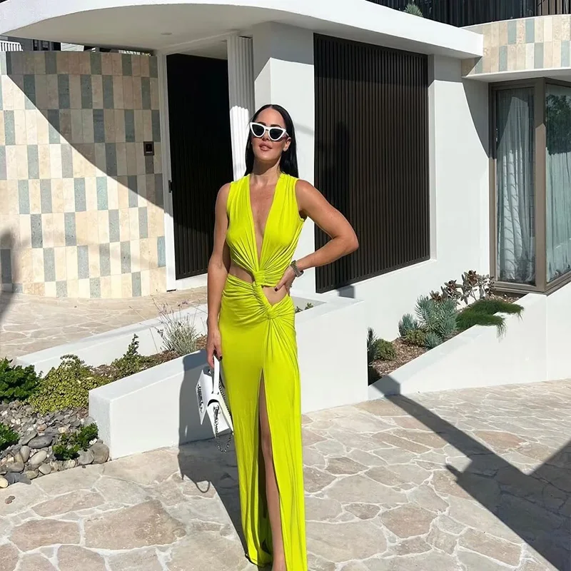 

Summer Women's Halter Dress 2024 New Sexy V-neck Hollow Slim Split Dresses Banquet Dresses Evening Dresses Pleated Long Dresses