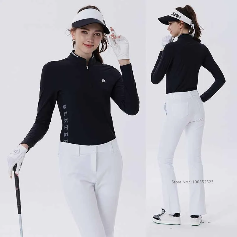 PL Spring Autumn Golf Polo Shirts Women Long Sleeve Zipper Collar Top Ladies Breathable Split Casual T-Shirts Golf Clothing