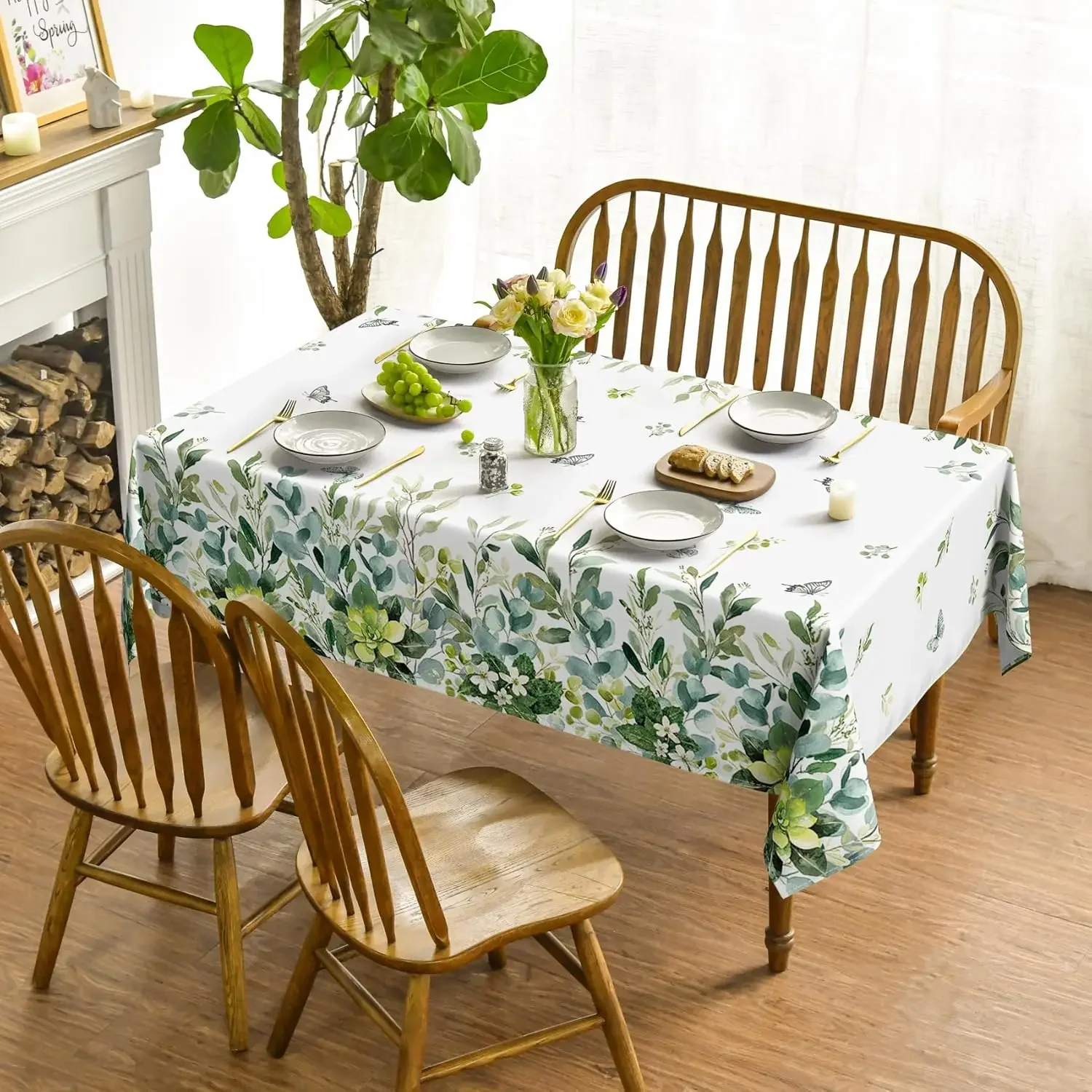 Rectangular Horaldaily Spring Summer Tablecloth Eucalyptus Floral Table Cover for Party Picnic Dinner Decor