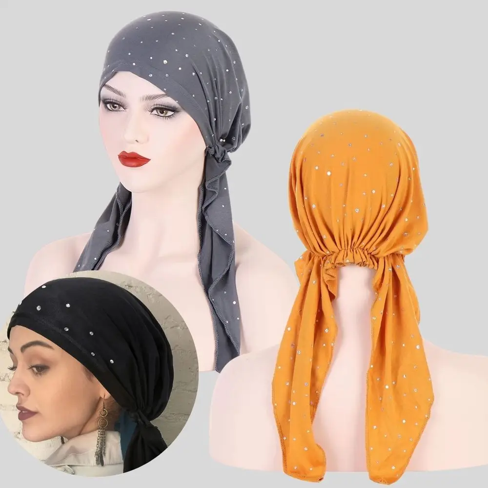 

Rhinestone Turban Hijab Women Muslim Hijab Scarf Slamic Headscarf Hat Stretch Headwrap Inner Hijab Long Tail Headscarf Bonnet