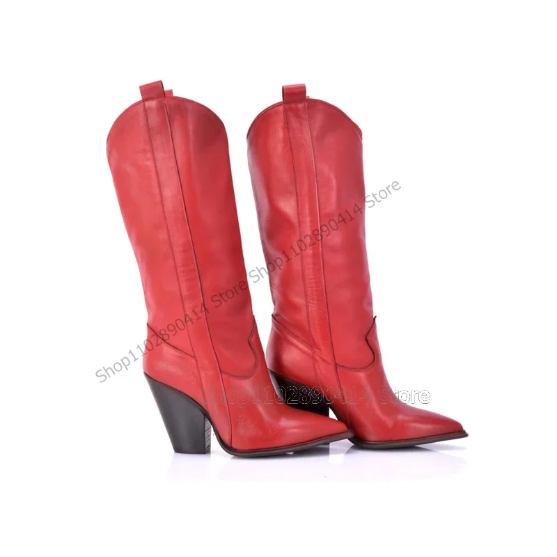 

Red Sewing Design Knee High Pointed Toe Boots Slip On Women Shoes Chunky High Heels New Fashion Banquet 2023 Zapatos Para Mujere