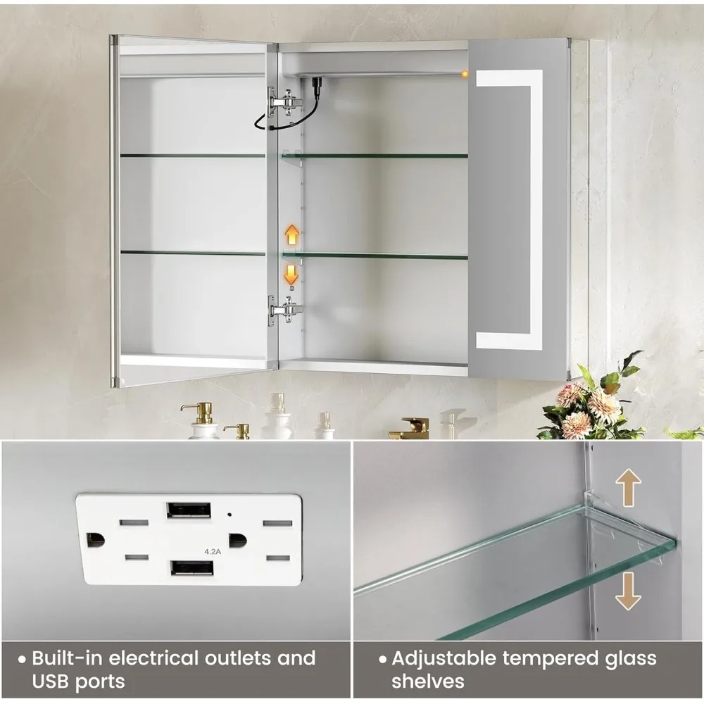 Miroir d'armoire à médicaments 4.2 par LED, lampes HOCabinet, prise et USB, encastré ou mural, étagère réglable, 24 po x 26 po