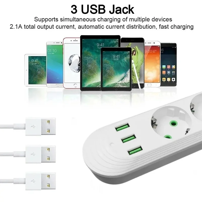 الاتحاد الأوروبي التوصيل مخرج تيار متردد 2500 واط متعدد المنافذ قطاع الطاقة مع 3 منفذ USB 2 متر تمديد كابل جولة دبوس مخرج تيار متردد مهايئ شاحن كهربائي #4