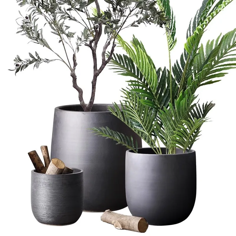 

Floor-to-ceiling large flower pot modern simple vase indoor living room plant rubber tree black large diameter ceramic decoratio