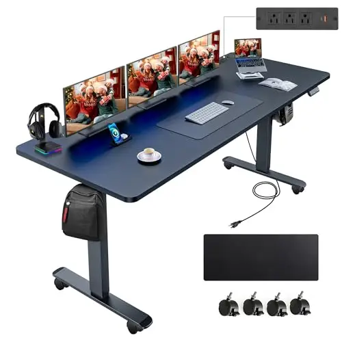 Electric Standing Desk 71 x 28in with Power Outlets, Rolling Stand up Desk with Large Mouse Pad, 3 USB Ports & 3 Power