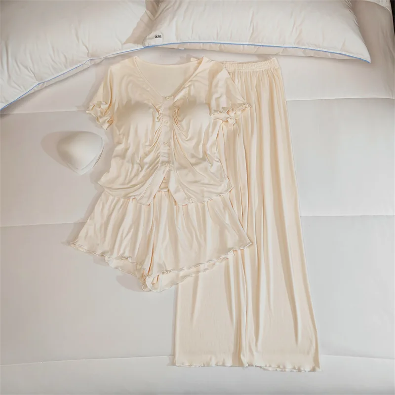 Women's Pajamas Casual Short Sleeve Chest Pad Top Shorts Trousers Sets Modal Comfortable Sleepwear Three Pieces Suit Home Wear 5