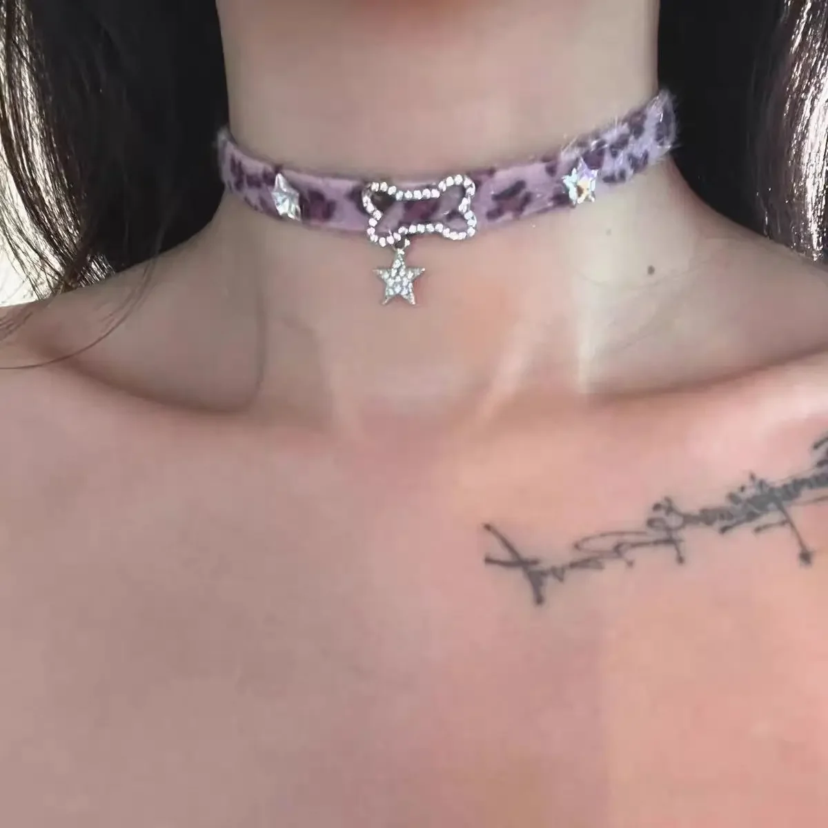 Punk Style  Leopard print Tide Hottie Subculture Sweet cool design Minority Bone Star Choker Leather Pendant Collarbone chain