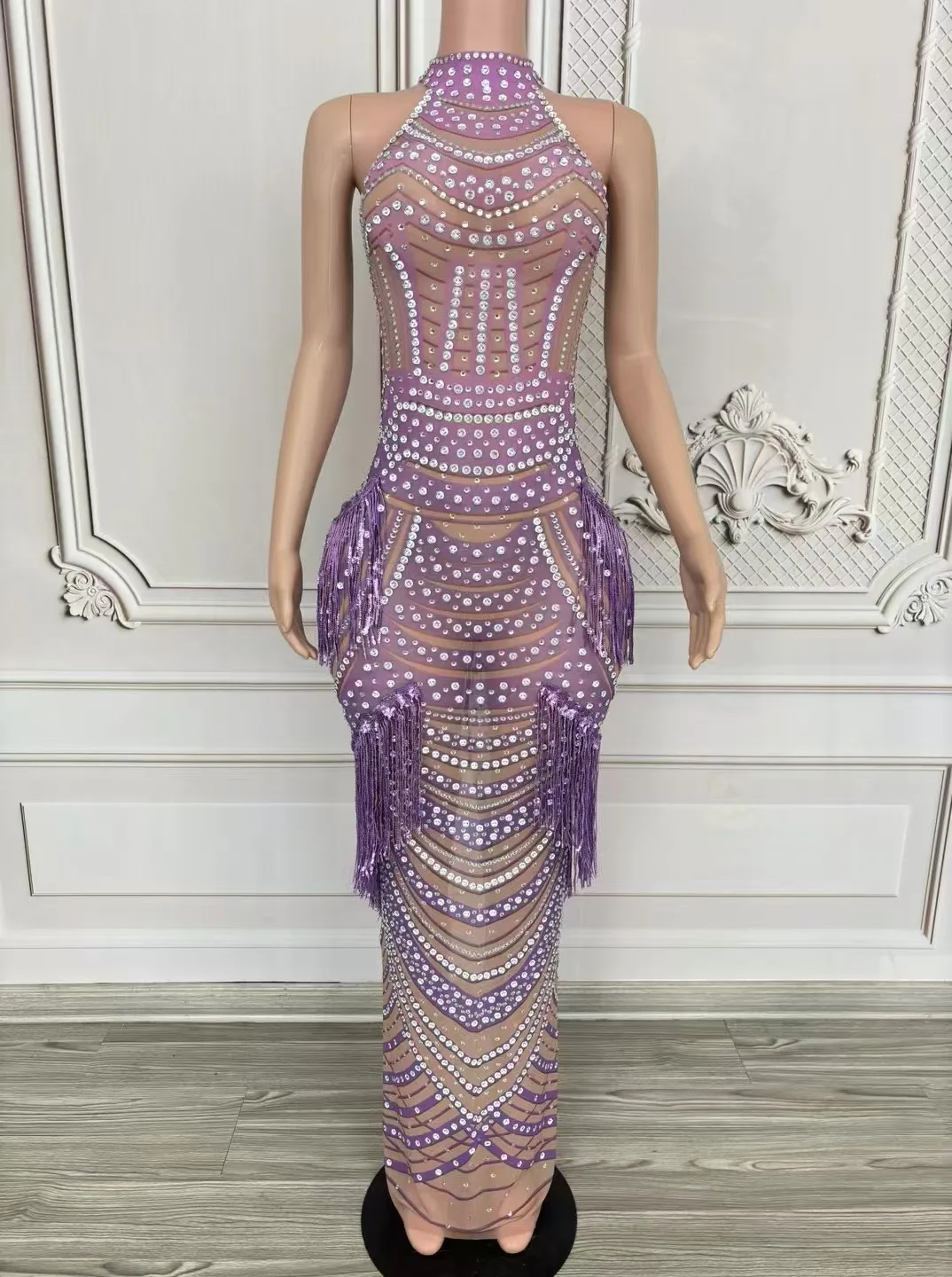 Robe de soirée sexy avec biscuits violets brillants pour femmes, costume de chanteuse, robe de danse jazz, tenue de séance photo sur scène, tricot