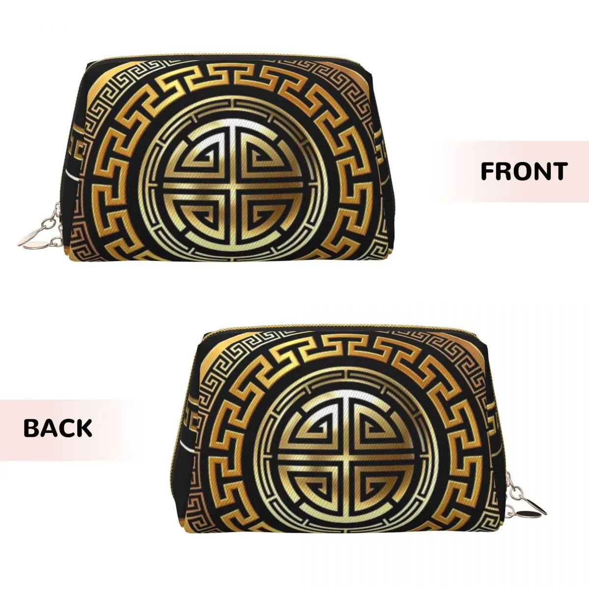 Greek Key Meander Black Gold Large Women Cosmetic Bags Travel Makeup Organizer Pouch Toiletry Storage Dopp Kit Case
