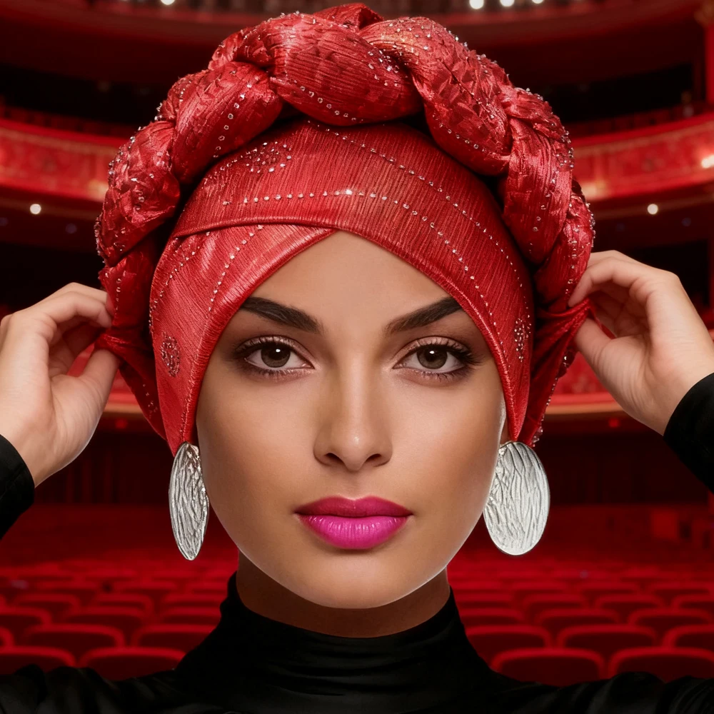 

Тюрбан с африканскими бриллиантами для женщин, мусульманский хиджаб, платок с косой, авто геле, головной убор, нигерийский свадебный гелевый капот, шапки, повязка на голову