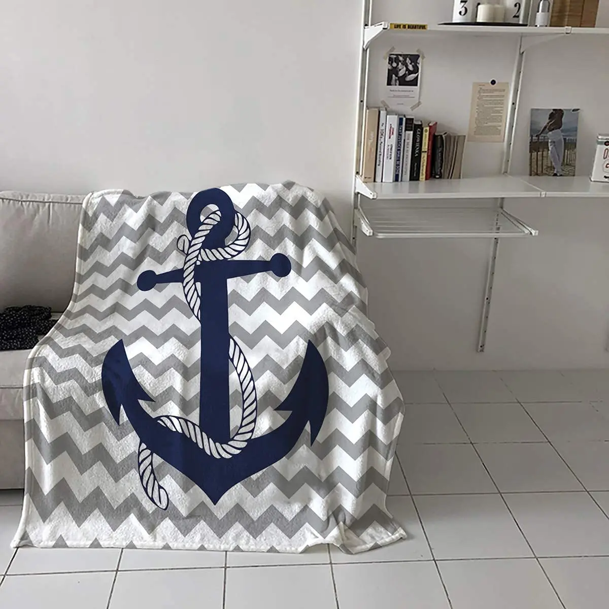 Flannel Luxury Lightweight Cozy Couch/Bed Super Soft Warm Plush Microfiber Throw Blanket,Nautical Navy Anchor,Gray and White