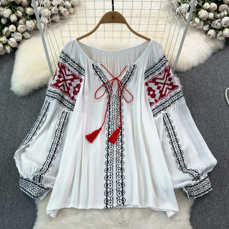 Retro Embroidered Shirt Top Female 2024 Spring Lace Up Tassel Loose Lantern Sleeves Ethnic Style Blouse Female A46