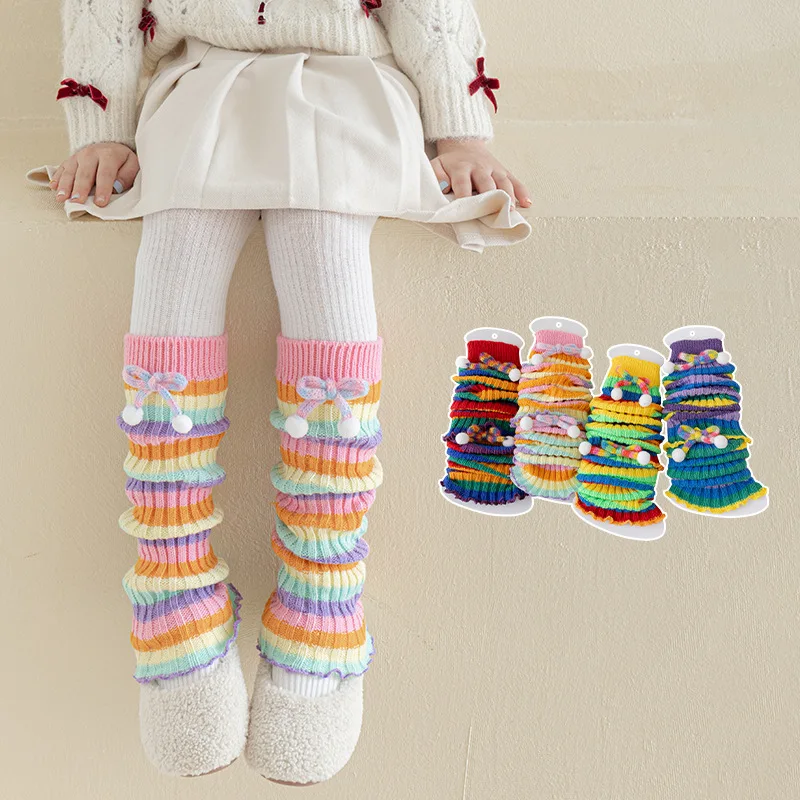 Cute Kids Dopamine Colorful Leg Warmers Rainbow Knitted Yarn Long Tube Slouchy Sock Covers Soft Warm Elastic Stackable Leg Cuffs