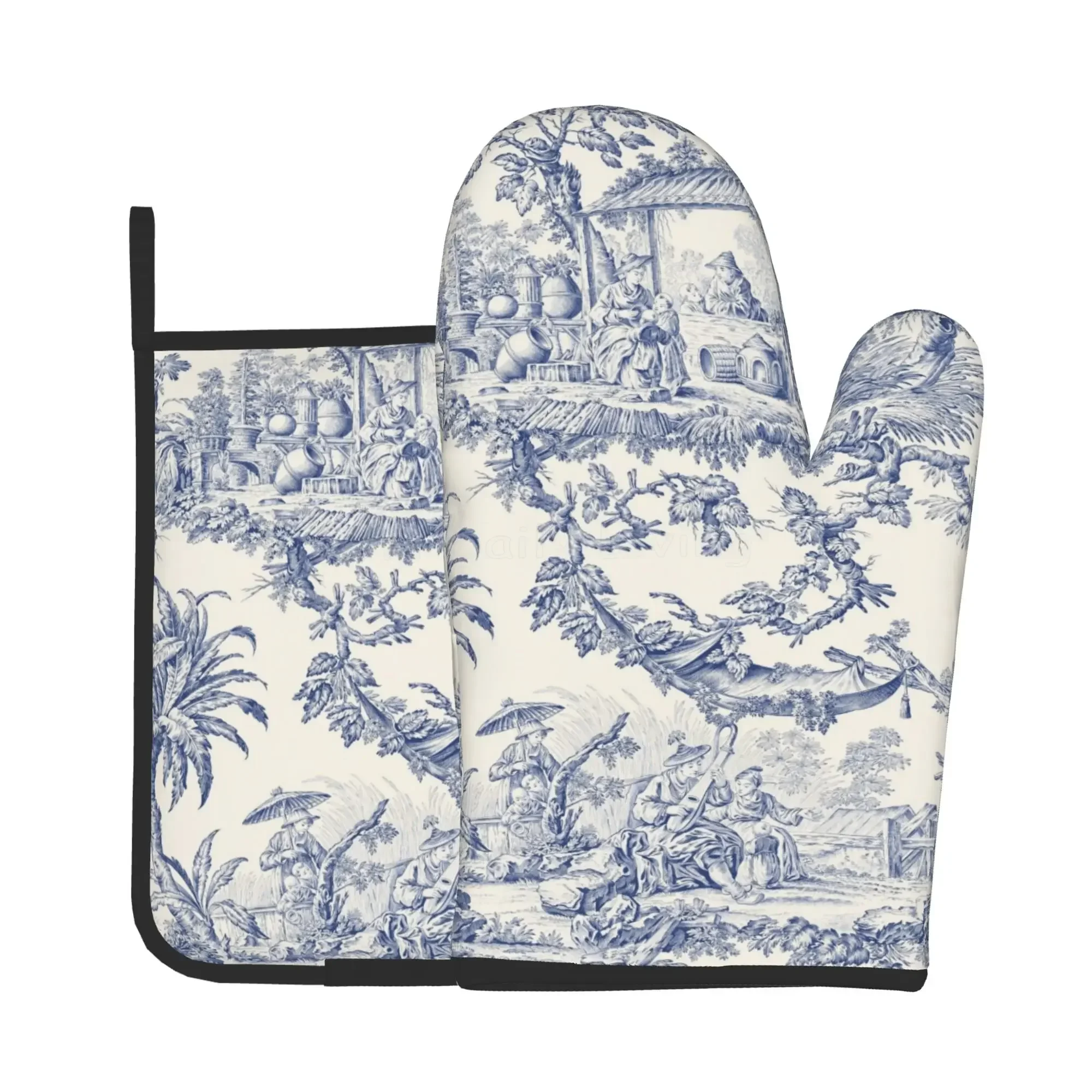 French Toile De Jouy Navy Blue Motif Heat Resistant Oven Mitts and Pot Holders Sets Oven Gloves for BBQ Cooking Baking Grilling