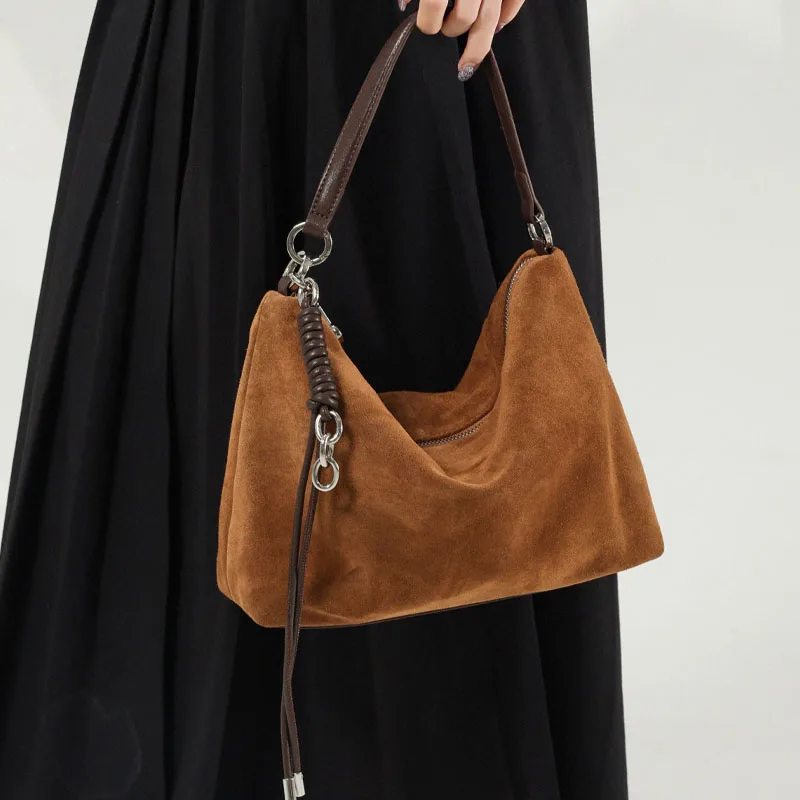 New retro high-quality suede shoulder bag fashionable genuine leather extremely underarm bag large capacity crossbody bag