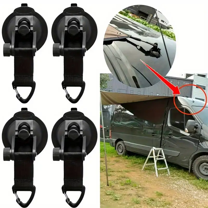 4pcs Strong Car Suction Cup Anchor Outdoor Tent Securing Hook Heavy Duty Tie Down Camping Canopy Awning Tarp Carabiner