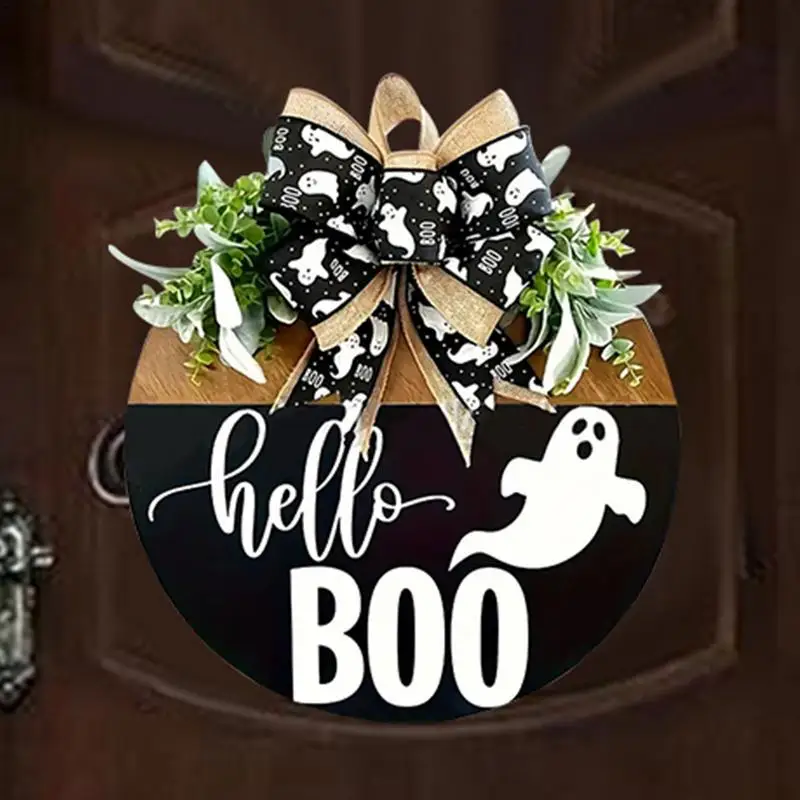 Halloween Welcome Sign Boo Ghost Hangable Sign With Bow Wood Wreaths Hangable Decoration For Front Door Porch Spooky Decor