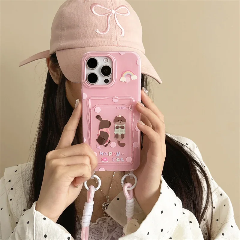 

Cute Rainbow Dots funny Cats Card Holder Phone Case For iPhone 15 Pro 14 13 Pro Max 14pro Cover with Hand Rope Strap Cases Girls