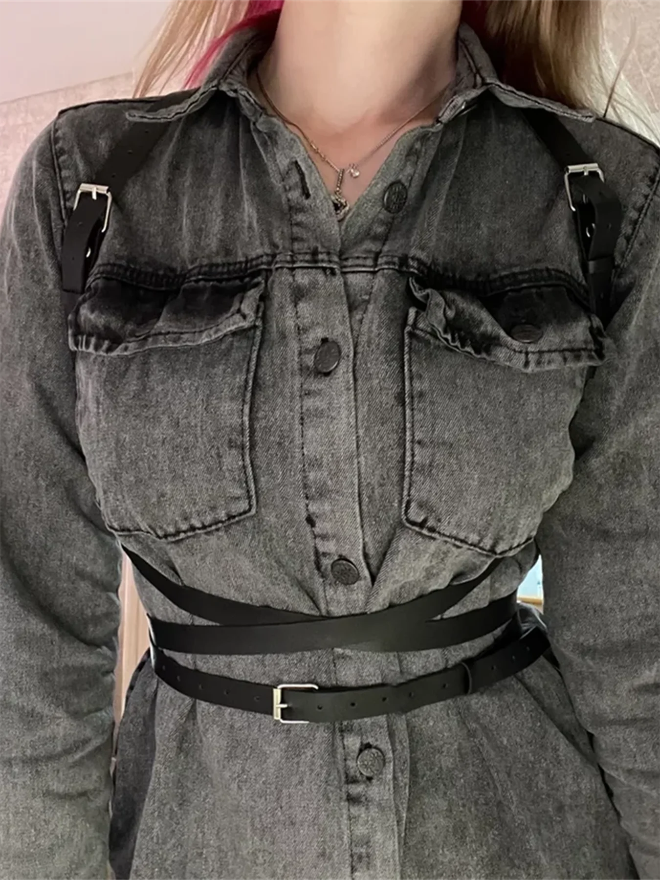 

Women's Gothic Style Harness Bra - Black PU Leather Lingerie Set with Adjustable Straps for Dance and Party Wear