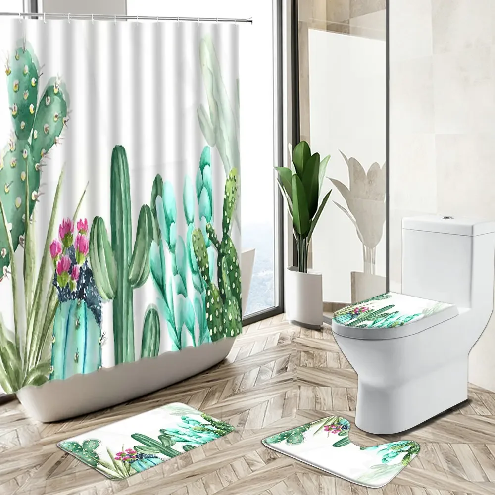 Tropical Cactus Printed Shower Curtain Set Green Plant Floral Pattern Bathroom Bathtub Non-Slip Rug Toilet Lid Cover Bath Mat